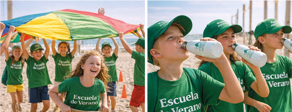 Merchandising para escuelas de verano en Valencia con camisetas, mochilas, botellas y lanyards personalizados